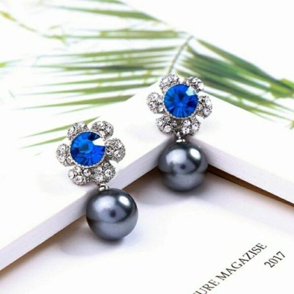 Blue Crystal Flower Pearl Vintage Silver Dangle Statement Earrings - Picture 10 of 12